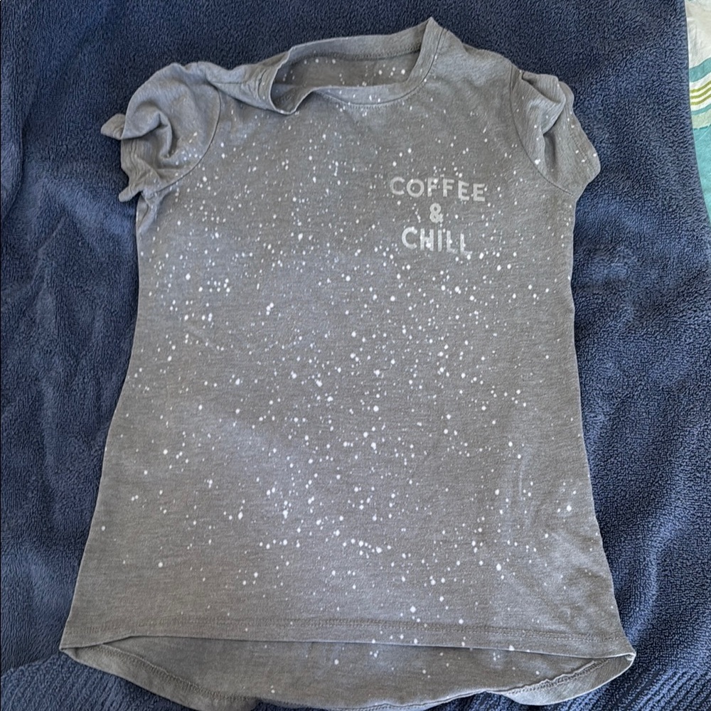 Gray and White Capri Shirt with 'Coffee & Chill' Print